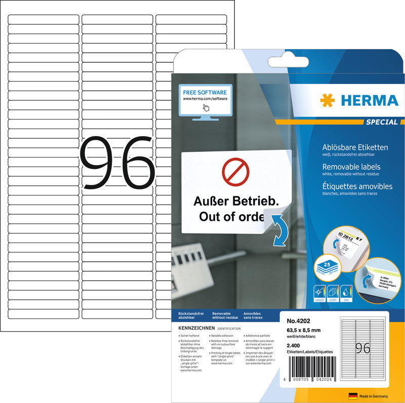 HERMA Druckeretiketten, 63,5 mm × 8,5 mm, weiss, Papier, ablösbar, 25 Blatt (2'400 Etiketten)
