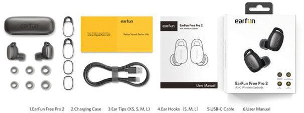 Earfun Free Pro 2 – True Wireless In-Ear Kopfhörer – Bluetooth 5.2, ANC – Schwarz – bis 24 h