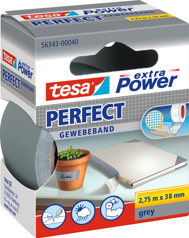 tesa Gewebeband extra Power Perfect – 38 mm × 2,75 m, grau, stark