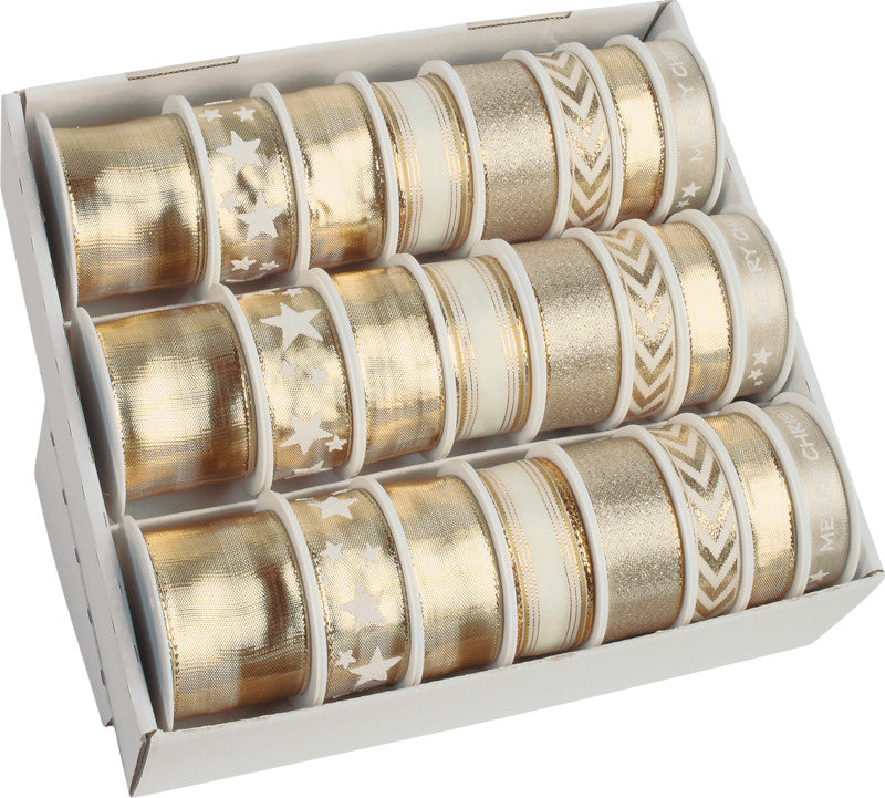 Präsent Seidenband – Weihnachten – Gold, Seide – 9×15 mm × 4 m, 12×25 mm × 3 m, 3×40 mm × 2 m – 24 Rollen