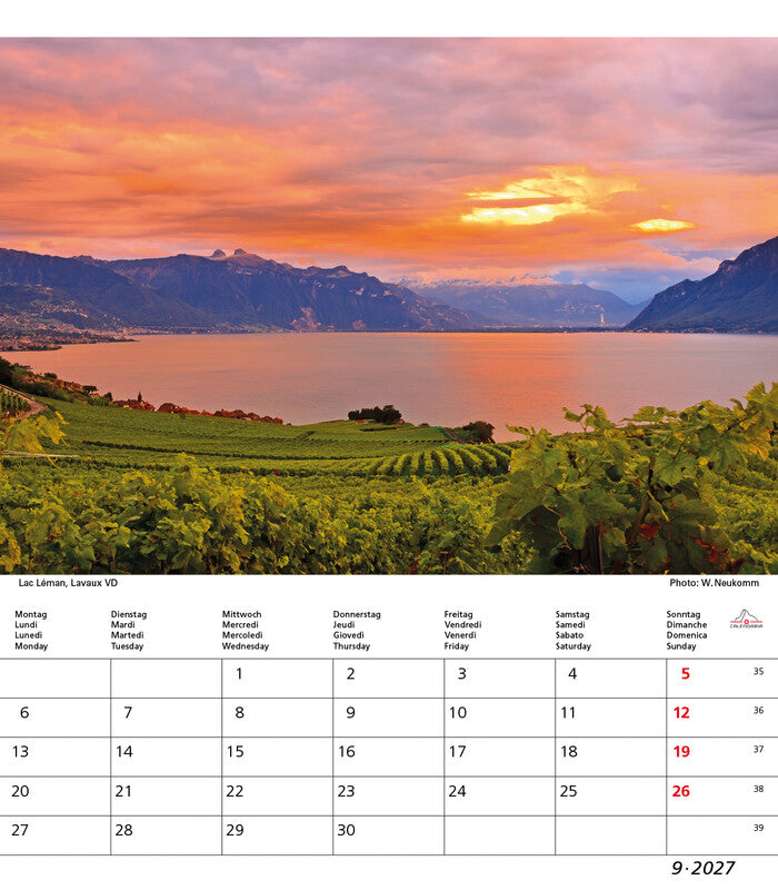 Calendaria Bildkalender Schweiz 2027 – 21 × 24 cm – Kalendarium d/f/i/e