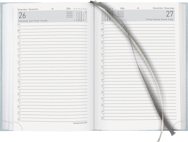 Biella Executive Agenda – 1 Tag pro Seite, gebunden, 14,5 × 20,5 cm, 2026, 1/2-Stunden-Takt, hellblau, FSC