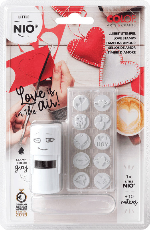 Colop Little NIO Rundstempel – Liebe, selbstfärbend, 10 Motive, Ø 17 mm, grau, englisch
