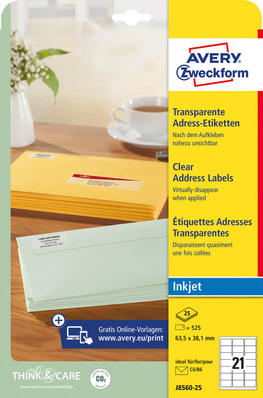 Avery Adress-Etiketten, 63,5 mm × 38,1 mm, transparent, Folie, permanent, 25 Blätter (525 Etiketten)