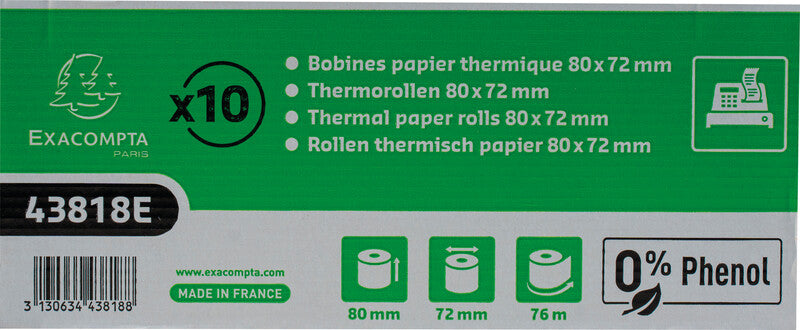 Exacompta Thermorolle 80 × 72 × 12 mm, 76 m, 52 g/m², phenolfrei, weiss