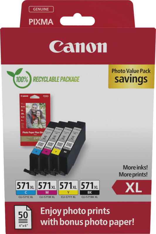 Canon Tintenpatronen-Multipack CLI-571XL, CMYK, 4er-Pack, mit Fotopapier (50 Blatt) – für Inkjetdrucker