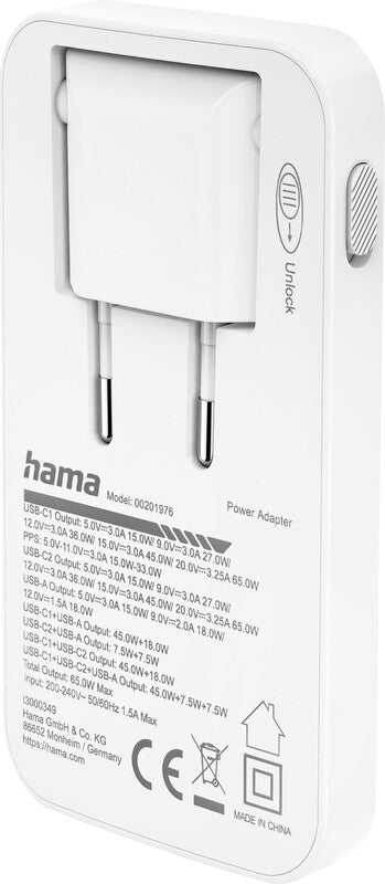 Hama 00201976 USB-Ladegerät 65 W – USB-C×2, USB-A×1 – PD, QC, GaN – für Laptop, Powerbank, Smartphone u. a.