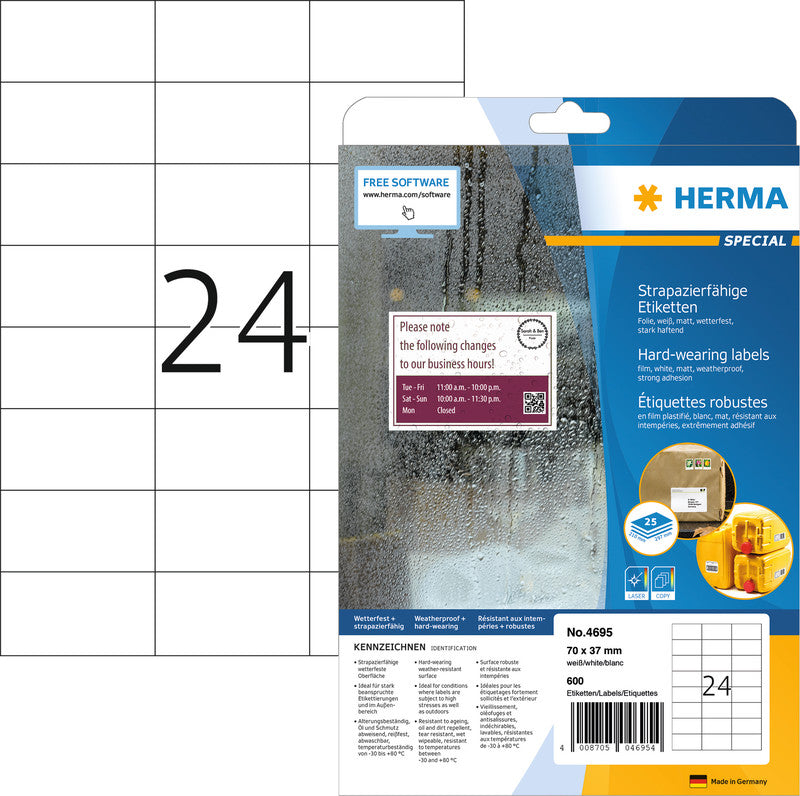 HERMA Schuletiketten – 70 × 37 mm, 600 Stk, 25 Bogen, Folie, permanent haftend