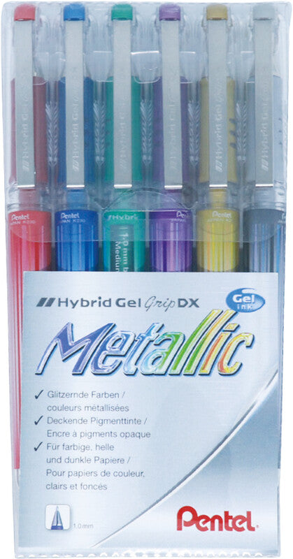 Pentel Hybrid Gel Grip DX Gelschreiber 6er Etui – 6 Farben, 1 mm, wasserfest, lichtbeständig, Kappe