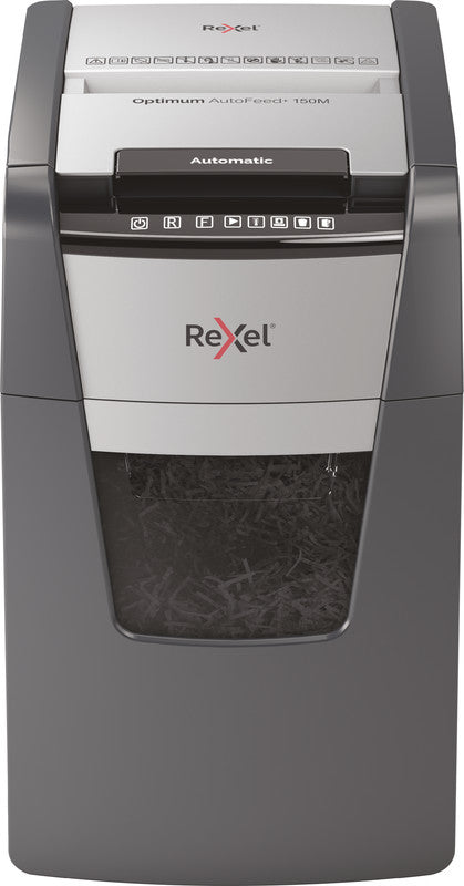 Rexel Optimum AutoFeed+ 150M – Aktenvernichter mit Autofeed 150 Blatt, DIN P-5, Mikroschnitt 2 × 15 mm, 44 l