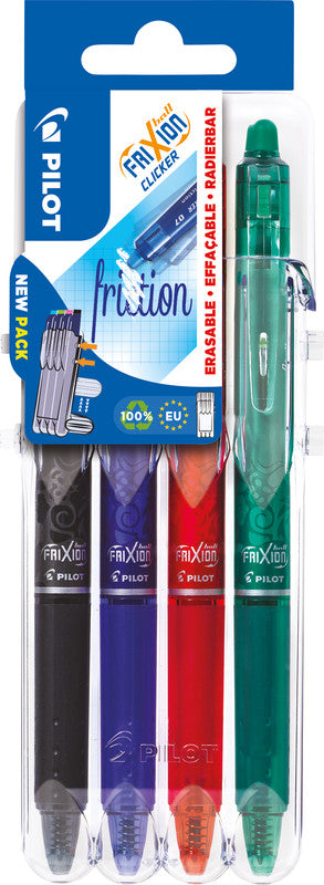 Pilot FriXion Clicker Set2Go – radierbares Tintenroller-Set, 0,7 mm, rot/blau/grün u. a., 4er Etui