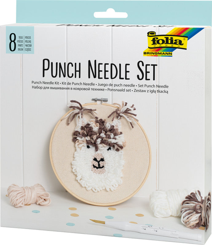 Folia Punch Needle Set – Mönchsstoff 300 × 300 mm, Stickrahmen Ø 200 mm – Wolle & Anleitung