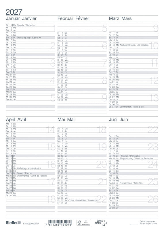 Biella Tischkalender – 6 Monate pro Seite – zweisprachig Deutsch/Französisch – 2026 – 21 × 29,7 cm