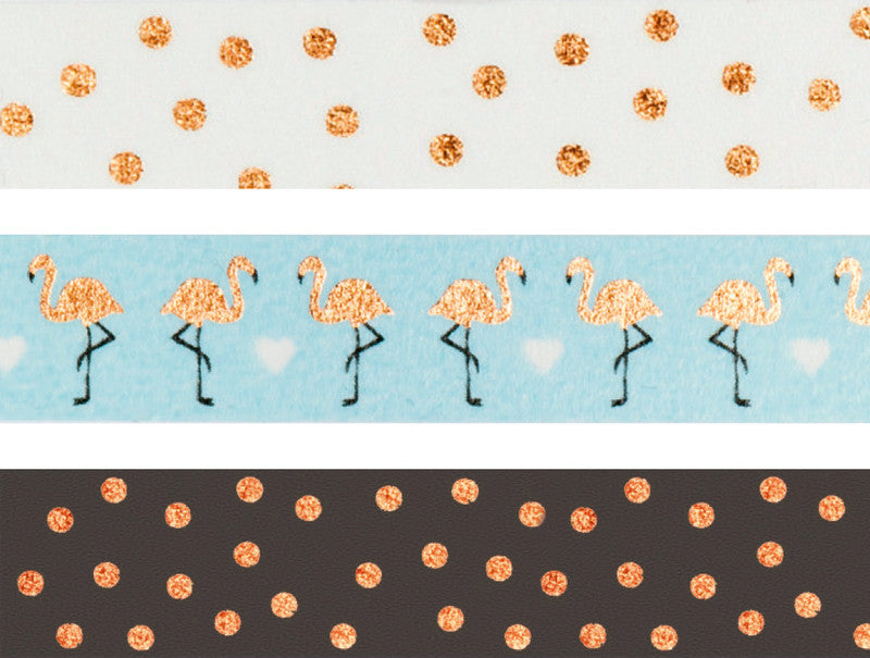 Folia Washi Tape Hotfoil – wiederablösbar, Papier, 15 mm × 10 m, rosegold, Flamingos