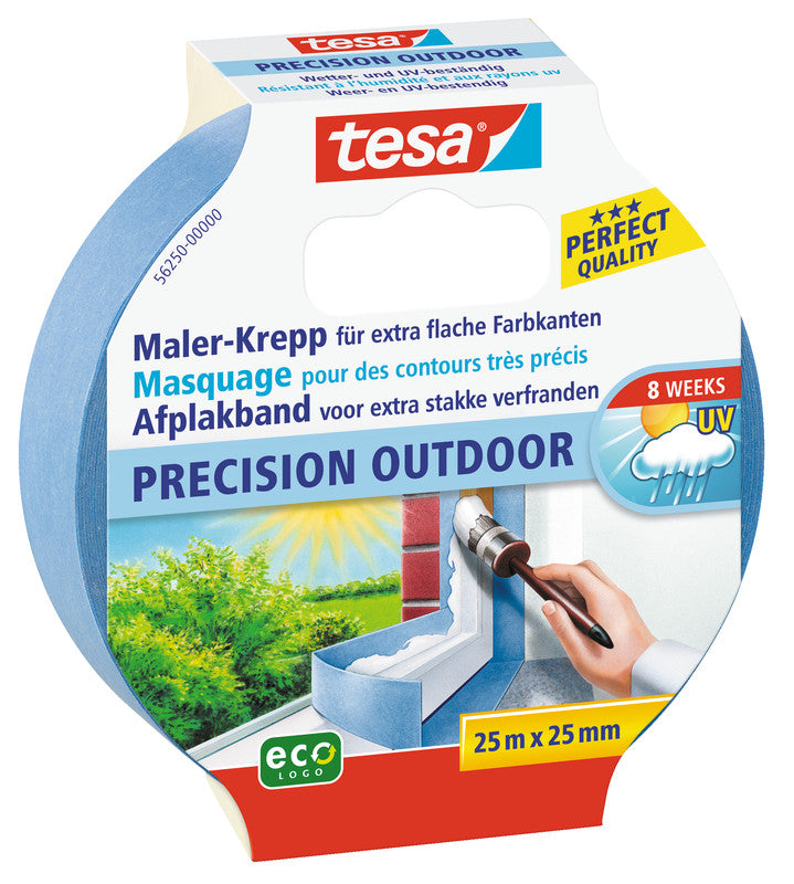 tesa Abdeckband Precision Outdoor – 25 mm × 25 m, hellblau, für Aussenbereich, glatt
