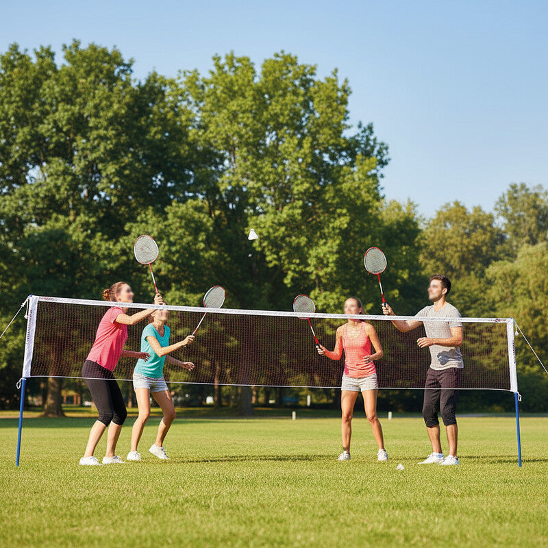 Champ Badminton-Set – für 4 Spieler, inkl. 4 Schläger, 3 Nylon-Federbälle, Netz – 20,5 × 66 cm