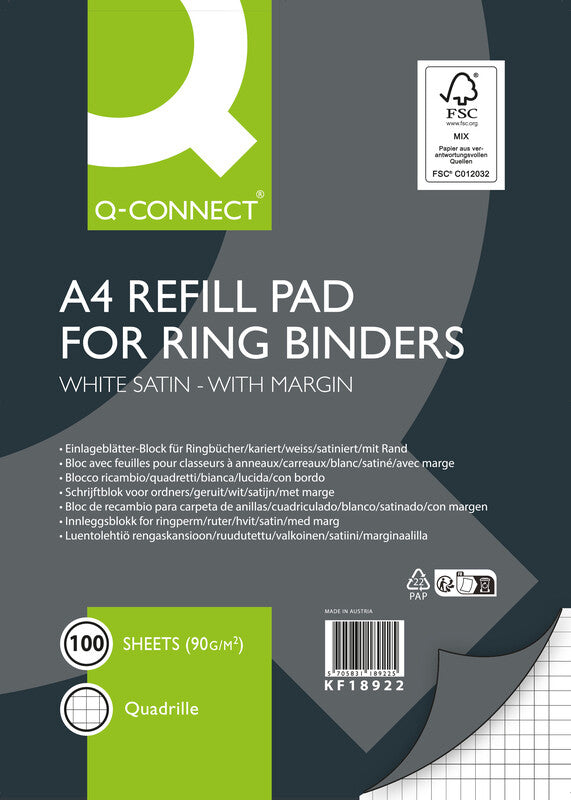 Q-connect Ringbuchblock A4, kariert, 4 mm, Leimbindung, 100 Blatt, 4-fach gelocht, 90 g/m² – weiss