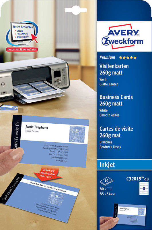 Avery Zweckform Visitenkarten, 85 × 54 mm – A4, 8 pro Blatt – 80 Karten – FSC-zertifiziert, beidseitig bedruckbar