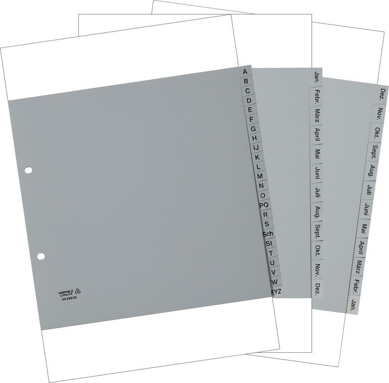 Kolma Register – A4, 12-teilig, PVC, grau, vorgedruckt, teildeckend, 2-fach Lochung