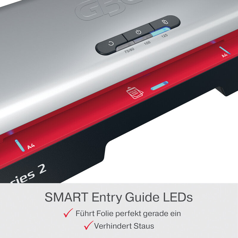 GBC Laminiersystem 250 Laminiergerät A4 – 2-Rollen, 75–125 µm, Aufheizzeit 1 Min., 500 mm/min, Silber