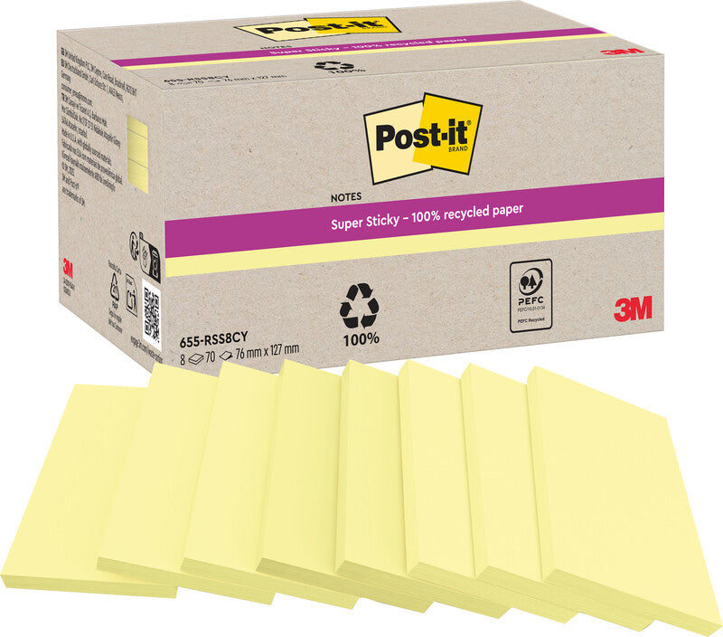 Post-it Haftnotizen Super Sticky – 127×76 mm – gelb, 8×70 Blatt, PEFC