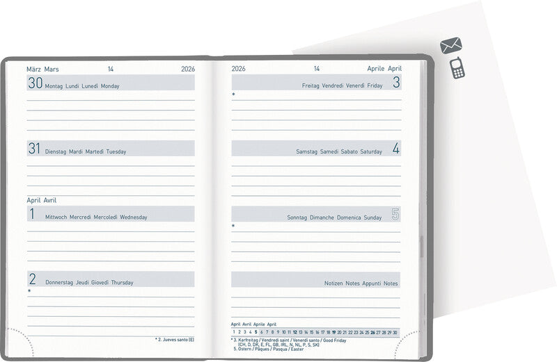 Biella Mittelformat Trend Agenda – 1 Woche/2 Seiten, Gebunden, 7,6 × 11,0 cm, 2026, Mehrsprachig, Flower, FSC