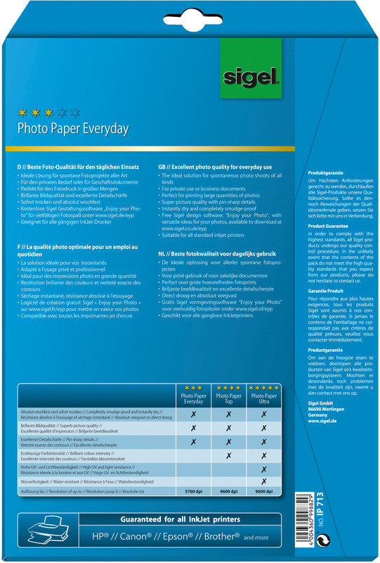 Sigel Everyday Fotopapier – hochglänzend, A4, 170 g/m², 20 Blatt – für Tintenstrahldrucker