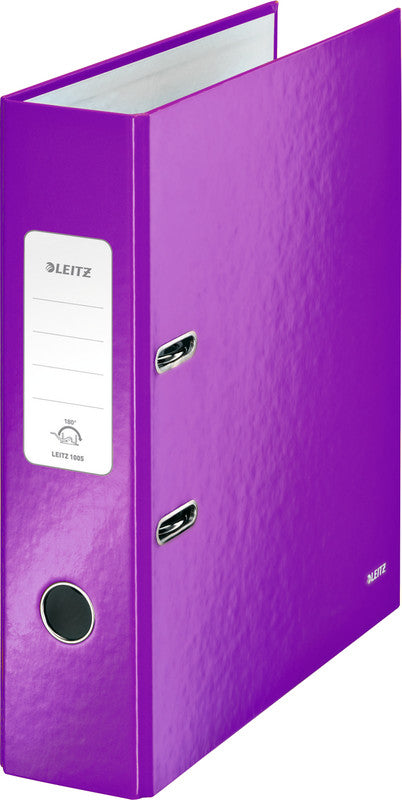 Leitz Ordner – A4 hoch – 2-Ring Hebelmechanik, Rücken 80 mm – violett, mit Griffloch, mit Raumsparösen, FSC