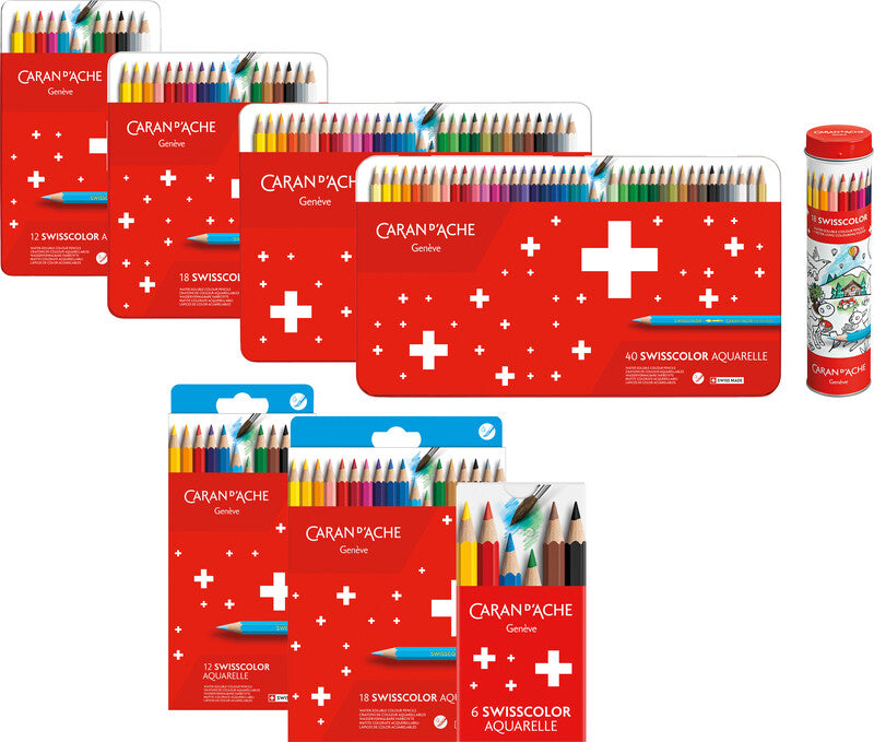Caran d-Ache Caran d'Ache Swisscolor Aquarellfarbstifte-Set – 18 Farben, Mine Ø 2,8 mm, Metallschachtel, inkl. Poster