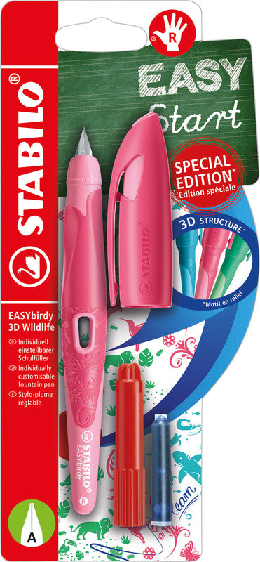 STABILO EASYbirdy 3D Wildlife Special Edition – Feder M – für Rechtshänder – Pink, Blau – Patronen