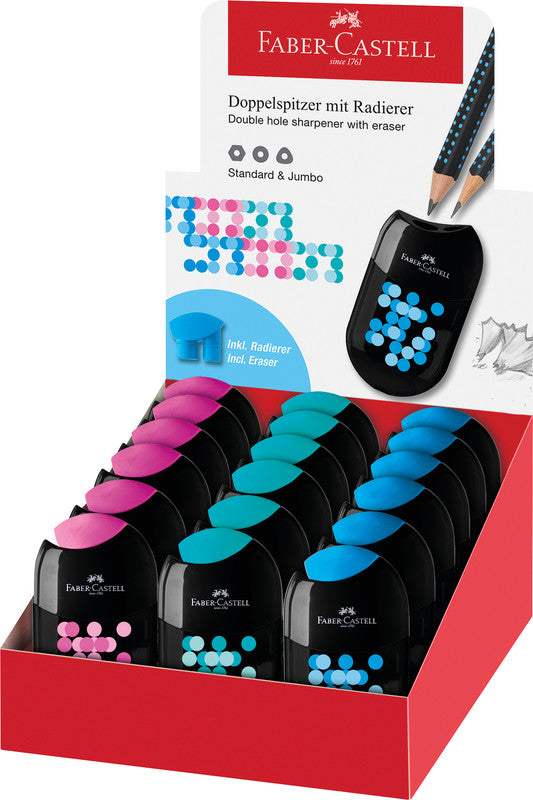 Faber-Castell Spitzer – manuell, 2-Loch, mit Behälter, für Blei- & Buntstifte 8 & 11 mm, Kunststoff