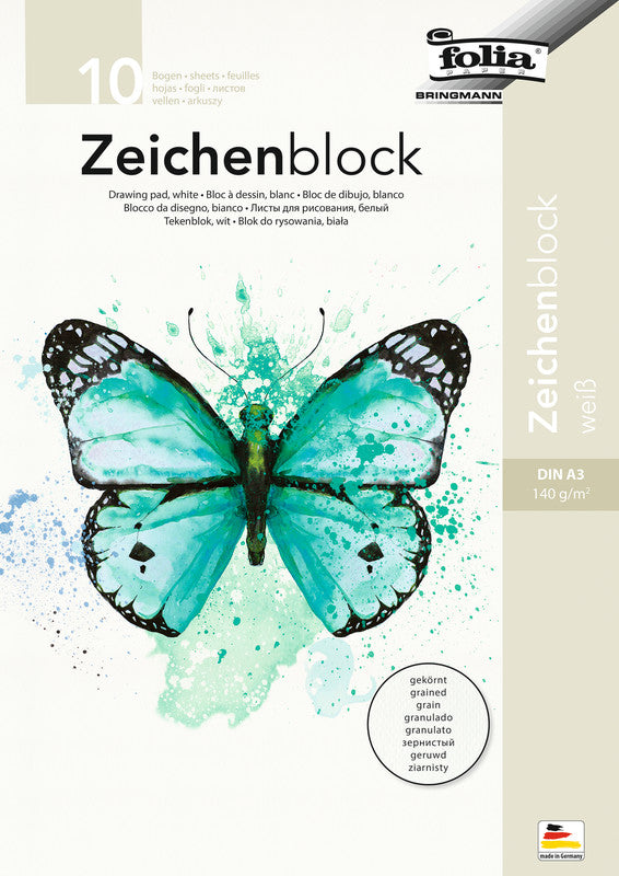 Folia Zeichenblock A3, 140 g/m², 10 Blatt, Weiss, Strukturiert, Geleimt, PEFC, Recycelt
