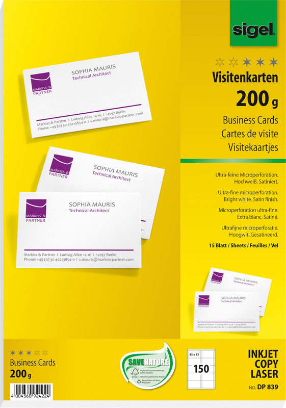 Sigel Visitenkarten, 85 × 55 mm – A4, 10 pro Blatt – 150 Karten – FSC-zertifiziert, beidseitig bedruckbar