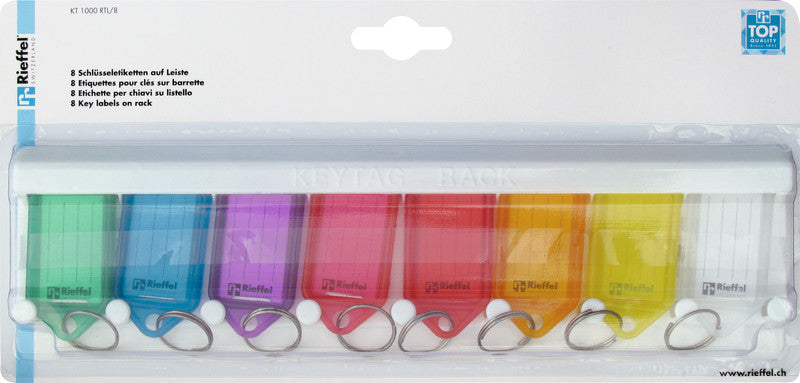 Rieffel Schlüsselschild – assortiert, Beschriftungsfeld 38 × 22 mm, 8 Stk., Kunststoff, B 265 × H 60 × T 15 mm