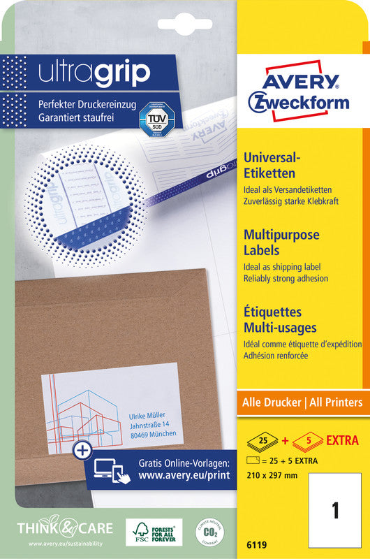 Avery Etiketten, 210 mm × 297 mm, weiss, Papier, permanent, 30 Blatt