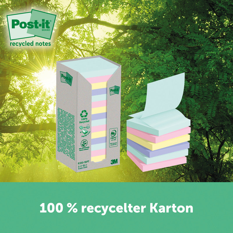 3M Post-it Haftnotizen Recycling Tower – 76×76 mm – sortiert, 16×100 Blatt, Z-Faltung, PEFC