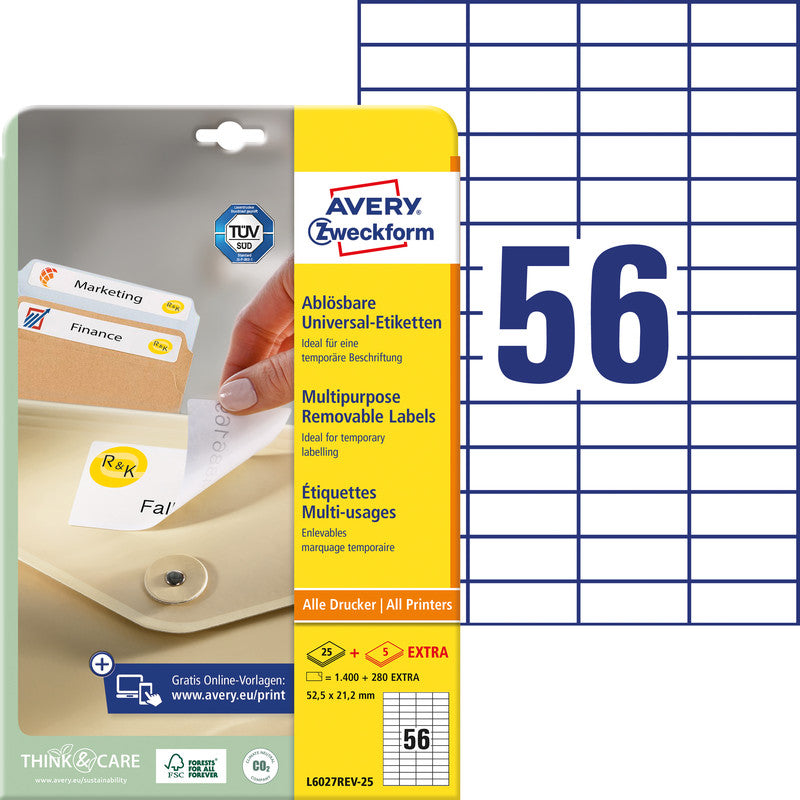 Avery Drucketiketten, 53 mm × 21 mm, weiss, Papier, wiederablösbar, Pack à 30 Blatt (1680 Etiketten)