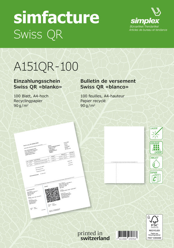 Simplex simfacture Formular – Swiss QR Recycling, für QR-Rechnung, A4