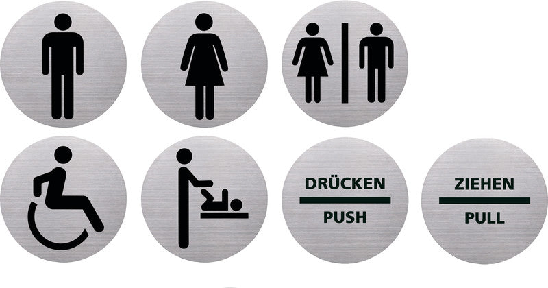 Helit Piktogramm WC Damen, mehrsprachig – Ø 115 mm, Edelstahl, silber, selbstklebend, 1 Stück