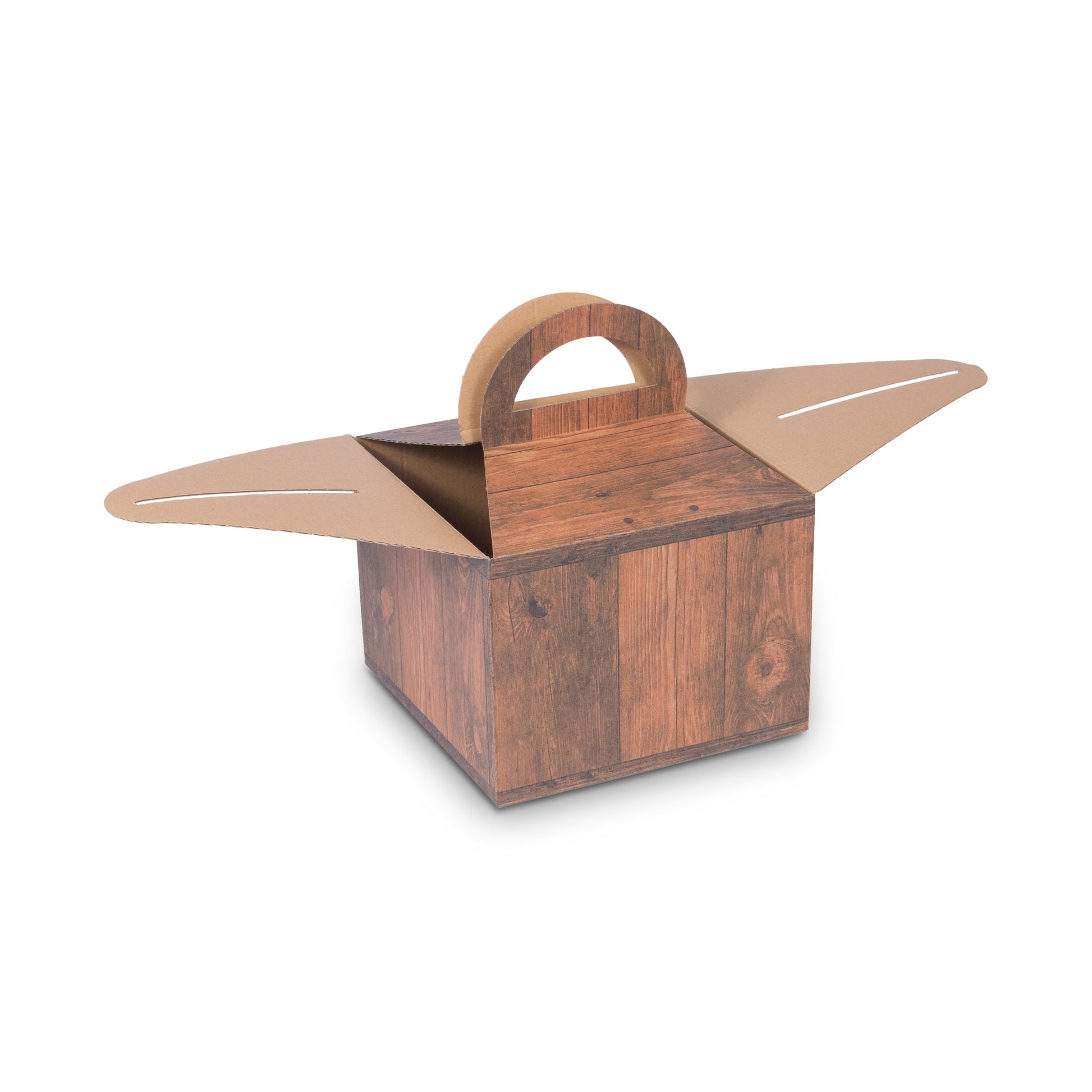 Model Geschenkverpackung mit Tragegriff und Holzoptik – Braun, 19,5 × 15,0 × 19,5 cm, 1 Stück