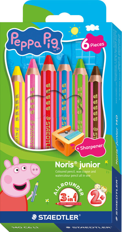Staedtler Noris junior Aquarellfarbstifte-Set – 6 Farben, Sechskant, Mine Ø 9,5 mm, Kartonetui, mit Spitzer