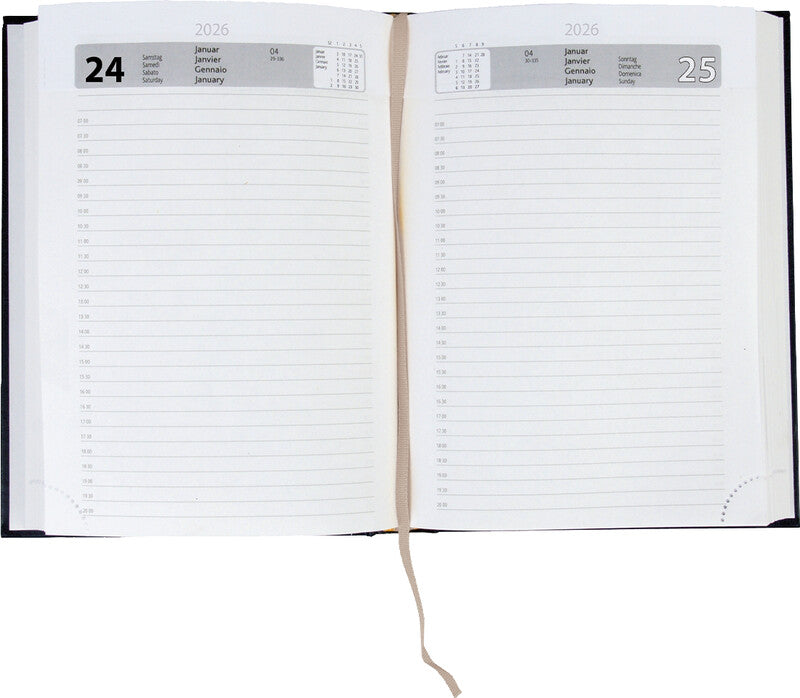 Simplex Agenda – 1 Tag pro Seite, gebunden, A5, Jan–Dez, 2026, 1/2-Stunden-Takt, blau, FSC