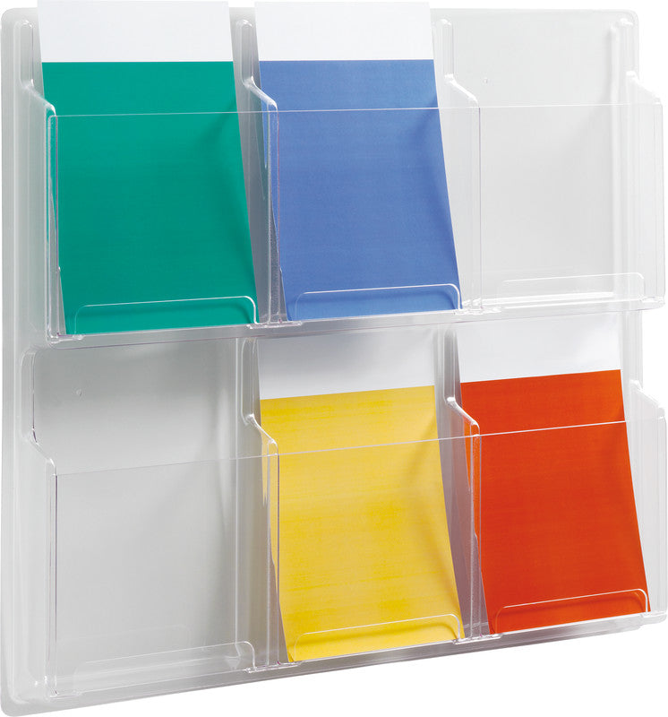 Helit Wandprospekthalter – für A4 hoch, 6 Fächer, transparent, Kunststoff, 766×51×625 mm