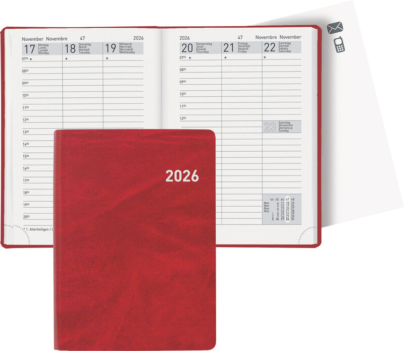 Biella Rex Agenda – 1 Woche/2 Seiten, gebunden, 10,1 × 14,2 cm, 2026, mehrsprachig, rot, FSC