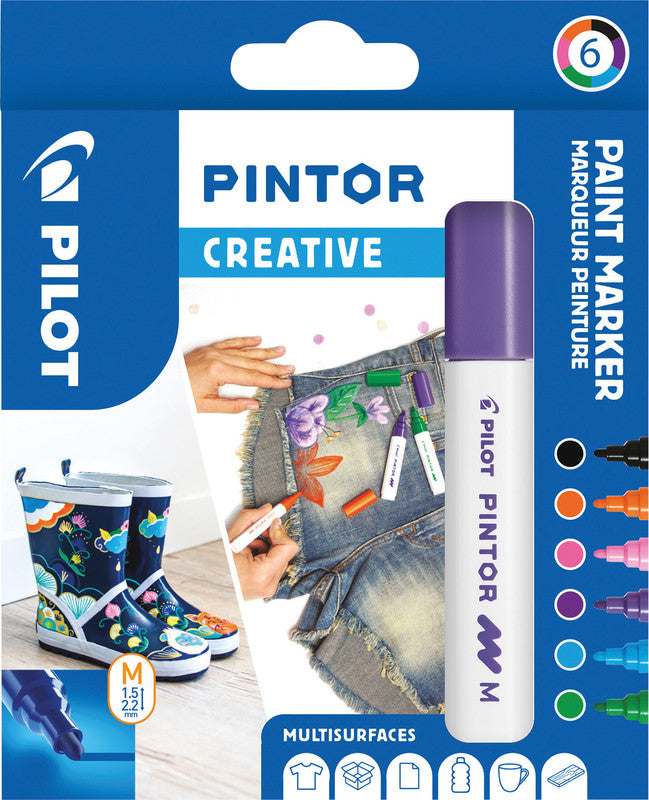Pilot Pigment Marker Pintor – Rundspitze 1,5-2,2 mm – Sortiert – 6er-Set – Für dunkles Papier geeignet