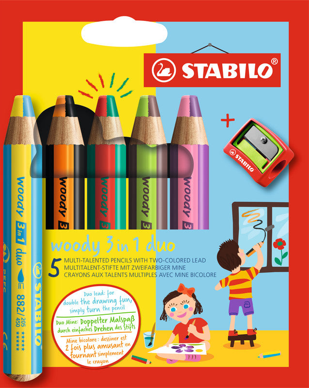 STABILO 3-in-1 Farbstifte woody – 5 Duo-Farben, mit Spitzer, Ø 4,2 mm, PEFC