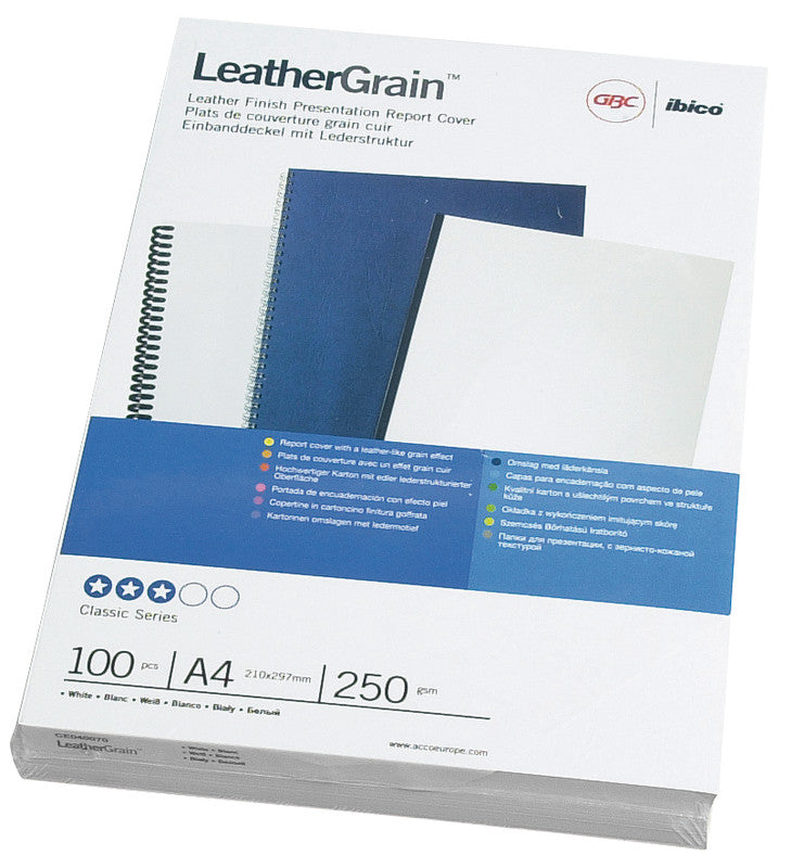 GBC Umschlagdeckel LeatherGrain – weiss, Karton – 100 Stk.