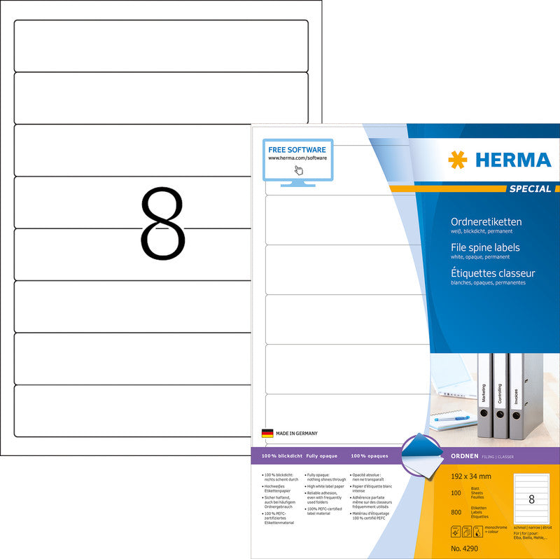 HERMA Ordneretiketten, 192 mm × 34 mm, weiss, Papier, permanent, 800 Etiketten (100 Blatt)