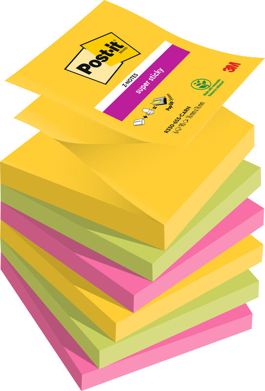Post-it Super Sticky Haftnotizen – 76×76 mm – sortiert (ultragelb, limonengrün, powerpink), 6×90 Blatt, Z-Falt