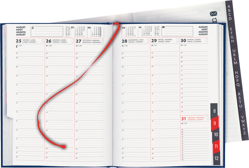 Biella Orario Agenda – 1 Woche/2 Seiten, Gebunden, 17,5 × 23,5 cm, 2026, Mehrsprachig, Dunkelblau, FSC